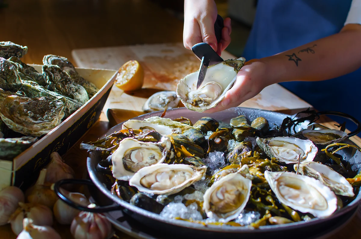 Person shucking an oyster over a platter of oysters and mussels on ice